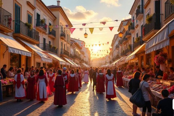 Una escena vibrante que representa la atmósfera festiva en Sitges durante las celebraciones superpuestas de Pascua y Sant Jordi. Las calles están adornadas con decoraciones 'coloridas', mostrando el 'severo' e 'intrincado' 'Passos' de la Semana Santa, con 'miembros de las confraternidades' vestidos con atuendo tradicional, desfilando solemnemente a través de las calles 'encantadoras'. Cerca, una 'cesta bellamente decorada' llena de 'flores frescas' y 'cintas' simboliza las 'caramelas', como 'cantantes', 'maestros' y 'músicos' reúnen para interpretar canciones alegres, sus caras irradiaban 'excitación' y 'espíritu comunitario'. A medida que se pone el sol, la 'Ribera' se transforma en un mercado 'bullicioso', repleto de 'rosas' y 'libros', donde los locales celebran la 'dida de sant jordi'. El ambiente está lleno de 'risas', 'música' y el 'aroma de las flores', creando un ambiente 'mágico' que captura la esencia de la 'cultura local' y la 'tradición'. El telón de fondo presenta 'edificios históricos' y 'calles