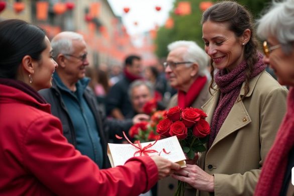Una escena vibrante que representa la celebración de 'diada de sant jordi' en Catalunya, llena de coloridas 'rosas' y 'llibres' que se intercambian entre 'personas granes' y 'voluntario'. El telón de fondo presenta 'paradetes sólidos' bulliciosos adornados con pancartas brillantes, mostrando 'rosas naturales' para la venta. En primer plano, un grupo de 'voluntarios' sonrientes entrega un libro bellamente envuelto a una persona anciana, que se lleva de alegría. El ambiente es animado, con personas charlando y compartiendo historias, encarnando el espíritu de 'Companyia' y 'Afecte'. En la distancia, las figuras reconocibles de 'cultura' y 'periodismo' pueden verse comprometidas con la comunidad, agregando un toque de celebridad al evento. El escenario está enriquecido con decoraciones que reflejan la esencia de 'Sant Jordi', creando un ambiente cálido y acogedor que celebra 'Relacions Humanes' y combates 'Soledat No Desitjada'.