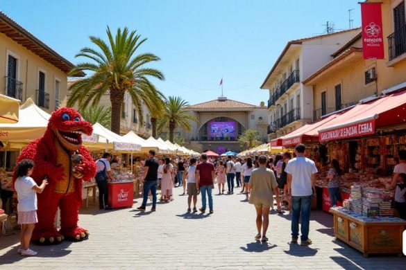 Una escena vibrante que representa la 'diada de sant jordi' en Badalona, ​​mostrando un bullicioso 'Fira de Sant Jordi' en el 'Plaça de la Vila'. La plaza está adornada con coloridas 'rosas' y pilas de 'llibres' en puestos de madera, cada uno que representa diferentes 'llibrerías' locales como 'Abacus' y 'Smile Books'. En primer plano, una alegre multitud de familias y niños participa en diversas actividades, con un 'musical de Cercavila' con artistas en disfraces festivos que tocan música animada. Una gran figura 'Drac', intrincadamente diseñada, se encuentra junto a 'Sant Jordi' y la 'Princesa', que interactúa con visitantes encantados. Cerca, un área de 'fotocall' invita a las personas a tomar fotos, capturando recuerdos del día. El ambiente está lleno del aroma de las flores frescas y el sonido de la risa y la música, con pancartas que celebran el festival colgando arriba. En el fondo, el 'Teatre Blas Infante' es visible, donde se lleva a cabo una actuación, que se suma al ambiente festivo. El cielo es az