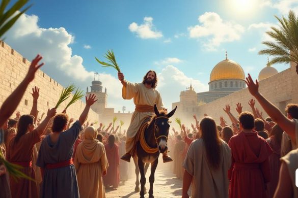 Una escena vibrante que representa la 'entrada triunfal' de Jesús en Jerusalén en el 'Domingo de Ramos'. El primer plano presenta a una multitud diversa de personas, sus rostros llenos de 'exaltación' y 'alegría', agitando las 'ramas de palma' en el aire. Algunos están vestidos con túnicas tradicionales, mientras que otros usan prendas simples, simbolizando la 'humildad' del momento. En el centro, Jesús monta un pequeño 'burro', que encarna la naturaleza 'pacífica' y 'humilde' de su reinado, contrastando con las expectativas de la multitud de un 'rey guerrero'. El fondo revela la antigua ciudad de Jerusalén, con sus 'muros de piedra' y 'cúpulas doradas' brillando bajo el sol brillante, creando una sensación de 'esperanza' y 'anticipación'. Arriba, el cielo es un azul brillante, salpicado de nubes blancas suaves, que simboliza la 'luz' que emerge de la 'oscuridad'. La atmósfera se encarga de un sentido de 'celebración' y 'despertar espiritual', a medida que las voces de la multitud se elevan en una 'aleluya' a