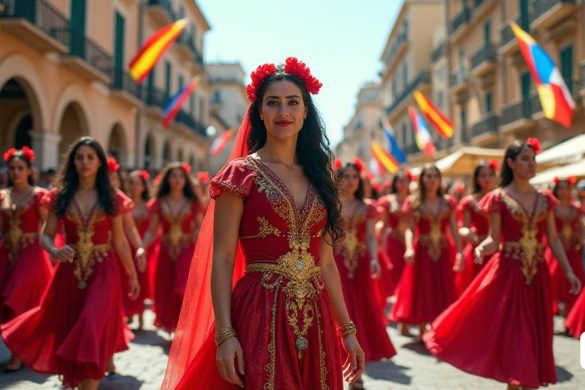 Una escena vibrante que representa la 'Trilogia Festera' de 2025 en Alcoi, que muestra un momento histórico de 'igualdad' entre 'dones' y 'hogares'. En primer plano, una mujer orgullosa, Ana Gisbert Mira-Perceval, vestida con un elaborado disfraz de 'Alferes Moro', se mantiene con confianza, simbolizando a la primera líder femenina en este papel. Al rodearla, una diversa 'mixa especial de Esquadra' de hombres y mujeres, todo en combinación de 'tratge oficial', marcha al unísono, que encarna el espíritu de 'inclusión' y 'celebración'. El fondo presenta pancartas y decoraciones coloridas, con la multitud animando, reflejando el ambiente festivo. La formación de 'Diana' se destaca, con los participantes realizando un baile sincronizado con el ritmo de 'pasdoble', mostrando su unidad y compartió pasión por las festividades. La escena captura la esencia del progreso, con un enfoque en el 'Normalització' de la presencia de las mujeres en la celebración, así como la emoción y la anticipación para el futuro del Festi