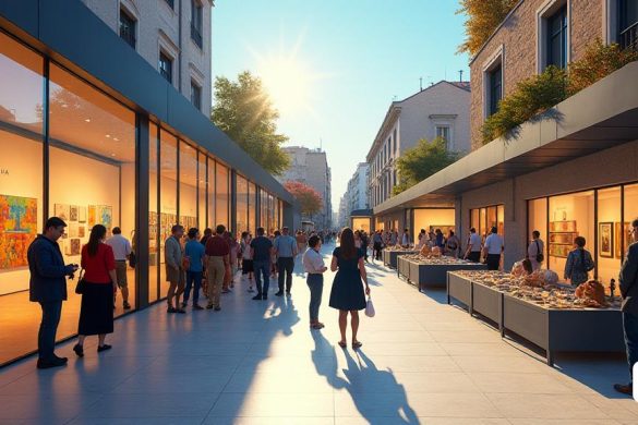 Una escena vibrante que representa las ofertas culturales en Lleida durante el 'Setmana Santa'. El primer plano presenta el 'Morera', Museu d’Art Modern I Contemporani, un edificio contemporáneo con grandes ventanas de vidrio que refleja la luz del sol. En el interior, los visitantes de diversas edades se ven admirando piezas de arte de la exposición 'Arrels I Horitzons', mostrando obras de artistas de renombre como 'Jaume Morera' y 'Xavier Gosé'. Las paredes están adornadas con pinturas y esculturas coloridas, creando una atmósfera animada. En el fondo, un banner anuncia el próximo 'Jornada de Portes Obertes' en 'Sant Jordi'. Cerca, el 'Center d’Art la Panera' está lleno de actividad, con entusiastas del arte relacionados con la exposición '13a bienal de arte Leanddre Cristòfol', con un gran flipbook de 'Isaac King'. La 'Sala d’sposicions de L’Ajuntament de Lleida' muestra una exhibición histórica dedicada a 'Palmira Jaquetti', con una iluminación elegante que destaca sus contribuciones al paisaje cultural d