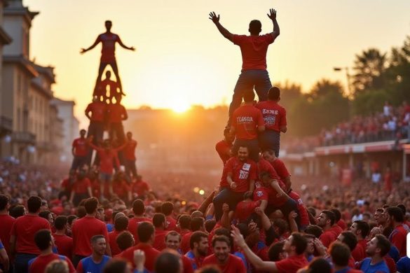 Una escena vibrante que representa una actuación 'Castell', donde un grupo de 'Castellers' está formando una estructura imponente de 'Castells de 8'. La imagen captura el intenso enfoque y la determinación en las caras de los 'Castellers', ya que se equilibran precariamente en los hombros del otro. El telón de fondo presenta una multitud animada, con espectadores con coloridos 'camisetas' que representan a varios 'colles', que vitorean con entusiasmo. En primer plano, se ve a un 'Casteller' alcanzando el pináculo del 'Castell', los brazos levantados triunfante, mientras que debajo, los 'Castellers' de apoyo mantienen una base fuerte, mostrando su trabajo en equipo y su fuerza. La atmósfera es eléctrica, llena de emoción y anticipación, mientras se pone el sol, lanza un cálido brillo dorado sobre la escena, destacando los intrincados detalles de los 'Castells' y los colores vibrantes de los 'colas'.