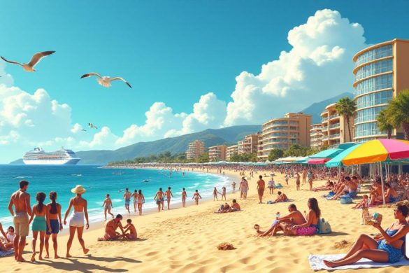 Una escena vibrante que representa una bulliciosa ciudad de playa en Catalunya, donde los turistas disfrutan de sus vacaciones de verano. El primer plano cuenta con una playa de arena con bañistas que descansan bajo coloridos 'Parasols', mientras que los niños construyen 'castillos de arena' cerca. En el fondo, una fila de hoteles 'encantadores' se alinean en la costa, que muestra una mezcla de estilos arquitectónicos, desde fachadas de vidrio modernas hasta diseños mediterráneos tradicionales. El cielo es un azul brillante, salpicado de esponjosas 'nubes' blancas, y el sol arroja un cálido brillo sobre la escena. Un grupo de turistas, que transporta 'toallas de playa' y 'refrigeradores', caminan hacia la playa, discutiendo animadamente las recientes noticias sobre el 'aumento del impuesto turístico'. Se puede ver a algunos lugareños charlando animadamente en un 'Café' cercano, tomando 'bebidas refrescantes'. El ambiente es animado, lleno de los sonidos de la risa, las olas que se estrellan y las gaviotas lla
