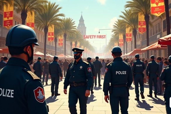 Una escena 'vibrante' que representa una zona urbana 'ocupada' durante 'Setmana Santa', con 'multitudes' de personas reunidas para las festividades. El ambiente es 'tenso' pero 'festivo', ya que los oficiales de 'Mossos d'Esquadra' se ven con 'uniforme completo', patrullando las calles con un comportamiento 'serio'. Algunos oficiales se colocan cerca de 'ubicaciones estratégicas' como 'iglesias' y 'estaciones de transporte público', mientras que otros participan en 'conversaciones' con miembros de la comunidad, asegurando un sentido de 'seguridad'. El telón de fondo presenta elementos 'decorativos' típicos de las vacaciones, como 'pancartas coloridas' y 'flores', en contraste con el mayor 'estado de alerta' de la presencia policial. En la distancia, se puede ver una "seguridad de lectura de" gran "" Se puede ver primero la seguridad ", simbolizando el compromiso con la" seguridad pública "en medio de la" amenaza "continua de" terrorismo ". El 'cielo' es claro, y la 'luz del sol' arroja un brillo cálido sobre