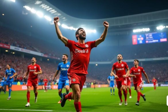 Una escena vibrante se desarrolla en el campo de fútbol cuando 'Sergi Pastells' celebra su regreso triunfante a anotar después de un largo despido de lesiones. La atmósfera es eléctrica, con 'fanáticos' en las gradas en erupción de alegría, agitando 'banderas' y usando los colores del equipo, 'Escapulat'. En primer plano, Pastells, con la icónica jersey 'Europa', es capturada a mitad de la celebración, los brazos elevados en el aire, una amplia 'sonrisa' que ilumina su rostro. Sus compañeros de equipo lo rodean, sus expresiones una mezcla de 'euforia' y 'alivio', compartiendo en el momento de la victoria después de una decisiva '4-0' victoria contra 'Alzira'. El fondo está lleno de un mar de 'seguidores', algunos saltan de emoción, mientras que otros capturan el momento en sus 'teléfonos inteligentes'. El tono es exuberante y verde, contrastante con las brillantes 'luces del estadio' que brillan, creando un ambiente 'mágico'. El marcador en el fondo muestra con orgullo el puntaje final, '4-0', un testimonio d