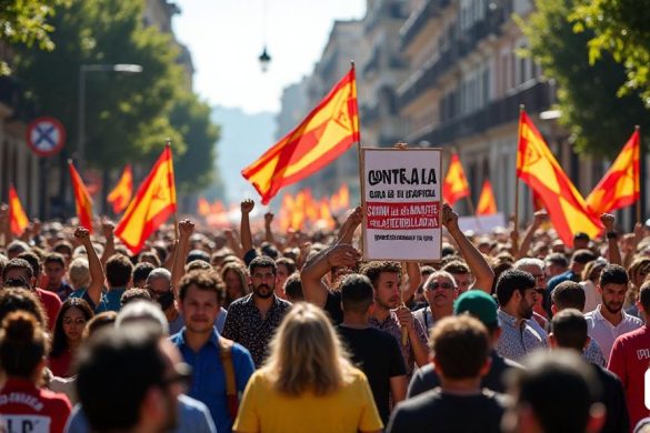 Una escena vibrante se desarrolla en el vecindario de 'Vallcarca', Barcelona, ​​donde una multitud diversa se reúne para la manifestación alternativa 'Día de mayo'. La atmósfera está acusada de energía a medida que los participantes tienen pancartas y pancartas coloridos, mostrando prominentemente el eslogan Conta la Guerra I El Capital: D’Aquí I de Fora, Som la Mateixa Classe Treballadora '. La multitud es una mezcla de individuos de diversos orígenes, unidos en su lucha contra el aumento de los 'precios de alquiler' y el costo de vida, que destacan como factores clave que contribuyen a la pobreza severa que afecta a '700,000 catalanes'. El telón de fondo presenta la arquitectura distintiva de Vallcarca, con sus calles estrechas y espíritu comunitario, simbolizando años de 'lucha del vecindario' para el acceso a la vivienda. Los manifestantes están vestidos con una variedad de ropa, algunas con insignias sindicales de 'Solidaritat Obrera', 'Cos', 'CGT Catalunya', 'IAc', 'CNT Catalunya-Balears' y 'Cobas', que