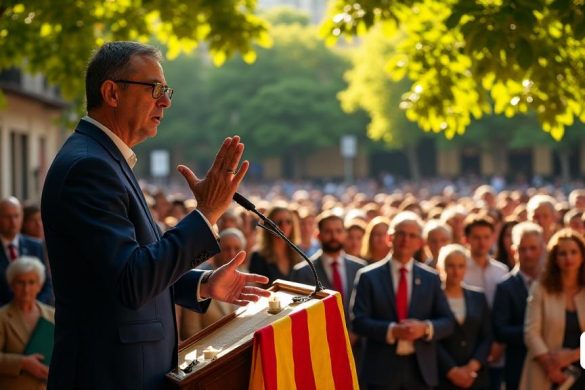 Una escena vibrante se desarrolla en los 'tarongeros de Pati dels' de la 'Palau de la Generalitat', donde 'Salvador Illa', el Presidente de Generalitat, se encuentra con confianza en un podio adornado con la 'bandera catalana'. El patio está lleno de exuberantes 'naranjas', sus hojas verdes brillantes que contrastan contra la cálida luz del sol dorada que se filtra. Illa, vestida con un traje formal, gestica apasionadamente mientras habla sobre el "diálogo", la "fraternidad" y la importancia del "optimismo" y la "esperanza" para el futuro de Catalunya. En el fondo, una audiencia diversa escucha intensamente, algunos que sostienen 'rosas' y 'libros', que simbolizan el espíritu de 'Sant Jordi'. La atmósfera se encarga de un sentido de unidad y propósito, ya que Ila enfatiza la necesidad de proyectar el mensaje de 'sant jordi' más allá de las fronteras, abogando por 'conocimiento', 'progreso' y 'educación'. La imagen captura la esencia de un momento lleno de esperanza, ya que Illa recuerda la legendaria batalla