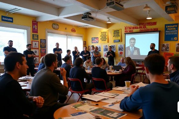 Una escena vibrante se desarrolla en un bullicioso centro comunitario, donde un grupo diverso de individuos se reúne para el evento titulado 'Unidades en la participacía. Forts en la Reivindicació '. La sala está llena de coloridos pancartas y carteles que abogan por los derechos de los trabajadores y la justicia social, con frases como 'Dignitat als Barris' y 'Sanitat Pública'. En una esquina, una mesa redonda está cargada de panfletos y folletos informativos, mientras que un proyector muestra imágenes poderosas de activismo comunitario. Los asistentes a varias edades y antecedentes participan en discusiones animadas, sus expresiones una mezcla de determinación y esperanza. Algunos están tomando notas, mientras que otros se gesticulan apasionadamente mientras comparten sus experiencias. La iluminación es cálida y acogedora, mejorando la sensación de solidaridad en el aire. En el fondo, una gran ventana revela un día soleado afuera, simbolizando un futuro más brillante para todos los trabajadores. La atmósfer
