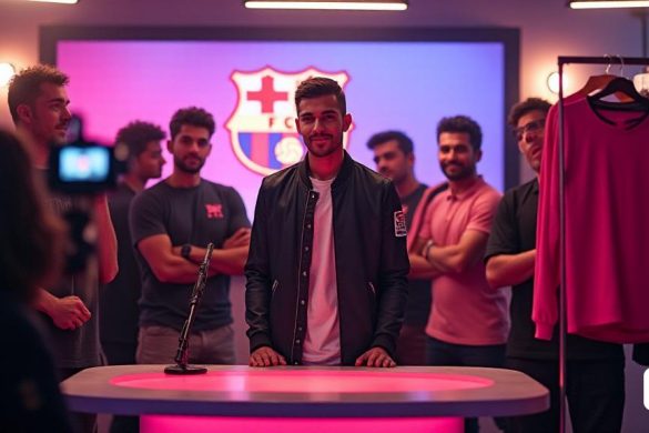 Una escena vibrante se desarrolla en un bullicioso estudio, donde 'Lamine Yamal', el joven futbolista del 'Barça', se encuentra con confianza en el centro, exudando un aire de carisma y encanto. El telón de fondo presenta una pantalla grande que muestra el logotipo de 'La Capital CF', su equipo recién formado en la 'Liga Kings'. El estudio está lleno de luces brillantes, lanzando un brillo cálido en la cara de Lamine, destacando su entusiasmo juvenil. Está vestido con un atuendo elegante, tal vez una chaqueta informal sobre una camisa de moda, que encarna la moderna estrella del fútbol. A su alrededor, varios personal y fanáticos de los medios están cautivados, sus expresiones una mezcla de admiración y emoción. En primer plano, un micrófono está preparado para que la lamina hable, mientras que un equipo de cámara captura cada momento. La atmósfera es eléctrica, llena de anticipación para el próximo 'Mundial de Clubs' en Francia, donde competirá el equipo de Lamine. El color 'rosa' aparece prominentemente en