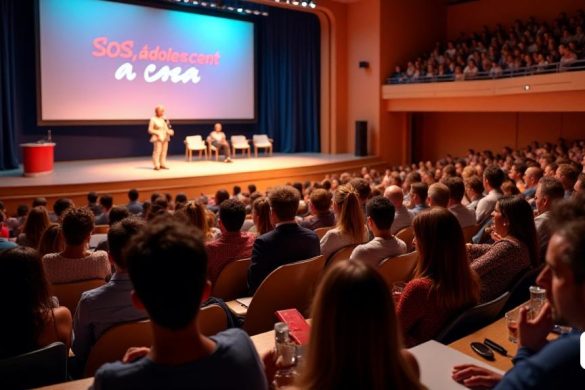 Una escena vibrante y acogedora ambientada en la 'Auditori del Center Cultural' de 'Catllar', llena de una audiencia de padres y familias ansiosos. La habitación está adornada con una suave 'iluminación ambiental' que crea una atmósfera cálida, mientras que un gran 'escenario' se establece en la parte delantera, con un elegante 'podio' donde se encuentra el orador, Míriam Tirado. Ella es una mujer de mediana edad con una sonrisa amigable, vestida con un atuendo informal pero profesional, que exuda calor y accesibilidad. Detrás de ella, una pantalla grande muestra el título de la conferencia, 'SOS, Adolescent A Casa', en letras en negrita. La audiencia, un grupo diverso de padres y cuidadores, está sentado en filas, algunas tomando notas, otras participando en la conversación, todas las expresiones de curiosidad y anticipación. En las mesas laterales, las copias de los libros de Míriam, incluidos 'criar juntas' y 'sentir', están perfectamente organizadas, invitando a los asistentes a comprar y firmados después
