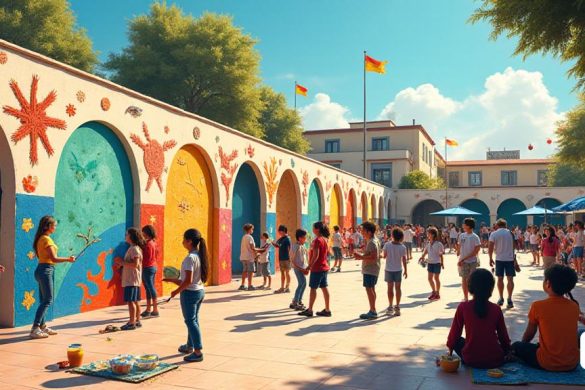 Una escena vibrante y animada que representa la celebración del 25 aniversario de 'Ies Serra de Mariola' en Muro. En primer plano, un mural grande y colorido diseñado por 'Blanca Albert Vallés' se muestra prominentemente, mostrando patrones y símbolos intrincados que representan 'educación', 'comunidad' y 'crecimiento'. Los estudiantes de las clases 'plàstica' y 'Dibuix' se ven pintando con entusiasmo secciones del mural, sus caras se iluminan con alegría y creatividad. A un lado, un grupo de estudiantes se dedica a una demostración de cocina dirigida por 'Mercè Calvo', con ollas y sartenes que vaporizan y deliciosos aromas flotando por el aire. Cerca, se crea una pequeña etapa para actuaciones musicales, donde los estudiantes y los ex alumnos se están preparando para mostrar sus talentos. Las pancartas y los globos en colores festivos decoran el área, creando un ambiente de celebración. En el fondo, el 'Teatre de Muro' se destaca con orgullo, insinuando el próximo evento institucional. Toda la escena está ll