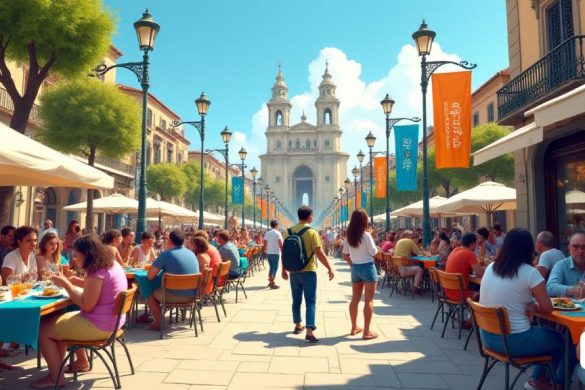 Una escena vibrante y bulliciosa que representa el 'Enton de Barcelona' en 2024, que muestra un grupo diverso de turistas que participan en diversas actividades. En primer plano, un grupo de 'turistas internacionales' de diferentes países, incluidos 'Francia' y 'El Reino Unido', se ven disfrutando de una comida en un café al aire libre, con platos de 'cocina local' y copas de 'vino' en sus mesas. Cerca, una familia está tomando fotos frente a un famoso "histórico", capturando la esencia de su visita. El fondo presenta una mezcla de 'arquitectura histórica' y 'edificios modernos', que simboliza la combinación de 'cultura' e 'innovación' en el área. Las pancartas que promueven el 'turismo sostenible' cuelgan de las farolas, lo que refleja el compromiso con los 'Objetivos de Desarrollo Sostenible'. Las calles están animadas con 'proveedores locales' que venden manualidades y 'recuerdos', mientras que las opciones de 'transporte público' como autobuses y bicicletas son visibles, lo que indica la accesibilidad de
