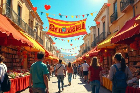 Una escena vibrante y bulliciosa que representa la celebración anual 'Sant Jordi' en Cataluña. El primer plano presenta una calle animada llena de coloridos puestos que venden 'libros' y 'rosas', creando un rico tapiz de tonos 'rojos', 'amarillos' y 'verdes' que simbolizan la bandera catalana. Las personas de todas las edades se ven involucradas con los vendedores, algunos que sostienen 'libros' debajo de sus brazos, mientras que otros eligen la 'rosa' perfecta para regalar a sus seres queridos. En el fondo, una gran pancarta cuelga sobre la calle, leyendo 'Sant Jordi' en letras festivas audaces, rodeadas de 'banderas' y decoraciones. La atmósfera está llena de un sentido de orgullo comunitario y cultural, ya que las personas discuten la importancia del día, reflexionando sobre los temas 'lingüísticos' y 'nacionalistas' destacados en el puesto. El cielo es un azul claro, que arroja un brillo cálido sobre la escena, mientras que una visión lejana de la arquitectura 'catalán' agrega un toque histórico, recordan