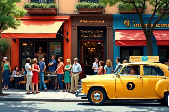 Una escena vibrante y bulliciosa que representa la esencia de 'Barcelona' a fines del siglo XX. En primer plano, una calle animada en el vecindario 'Tribeca' de Nueva York, adornado con toldos coloridos y una señal que dice 'l’ International'. La entrada del restaurante está enmarcada por una puerta rústica de madera, invitando a los clientes adentro. Un grupo diverso de personas, incluidos artistas y figuras culturales que recuerdan a 'Jean-Michel Basquiat' y 'Andy Warhol', se reunen afuera, participados en una conversación animada, sus expresiones que reflejan la emoción de la época. La calle está bordeada de árboles, sus hojas revolotean suavemente en la brisa, mientras que pasa un taxi amarillo vintage, que se suma al encanto urbano. En el fondo, la silueta de 'Montse Guillén' se puede ver a través de las grandes ventanas del restaurante, su presencia al mando mientras prepara platos tradicionales 'catalán' como 'Pa Amb Tomàquet' y 'Porró', sirviéndoles con una cálida sonrisa. El interior es una acogedora