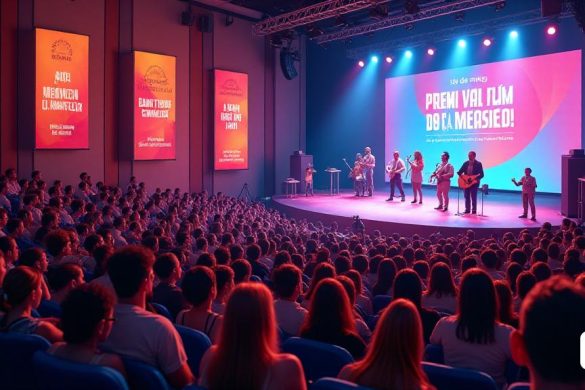 Una escena vibrante y colorida que representa el 'Premi Vallesà de l’ cualquier evento', ubicado en el elegante 'Auditori de la Firma Salerm Cosmètics' en 'Lliçà de Vall'. El auditorio está adornado con pancartas brillantes que muestran el logotipo del evento y la fecha '14 de Maig 'se muestra prominentemente. En primer plano, un grupo diverso de asistentes entusiastas, que incluyen 'Dani Ametller', 'Margarita Arderiu' y 'Jana Arimany', se dedican a discusiones animadas, con boletas de votación y teléfonos inteligentes, mientras que una gran pantalla detrás de ellos muestra el texto 'Vota Els teus Tres Favorits'. El ambiente es animado, con personas de varias edades, que reflejan el espíritu comunitario. En el escenario, el trío 'Mel I Fusta' se está preparando para actuar, sus instrumentos brillan bajo las cálidas luces del escenario. A un lado, una mesa se establece con materiales promocionales, incluidos los volantes para el 'Fundació Capaç I vàlida' y 'Pimec', junto con una caja de rifa para el premio 'àp