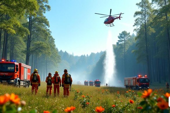 Una escena vibrante y dinámica ambientada en un exuberante área de 'bosque' durante la temporada de 'primavera', donde un equipo coordinado de más de 1.300 'respondedores de emergencia' se dedica activamente a una operación especial para prevenir 'incendios forestales'. El primer plano presenta un grupo de 'bomberos' con uniformes de color naranja brillante, equipados con 'mangueras de fuego' y 'equipo de protección', discutiendo estrategias mientras está rodeado de árboles verdes altos y flores silvestres florecientes. En el fondo, varios 'camiones de bomberos' con luces intermitentes se estacionan estratégicamente, con algunas unidades equipadas con 'tanques de agua' listos para el despliegue. Arriba, se puede ver un 'helicóptero' volando por encima, liberando una niebla de agua sobre un área designada, simbolizando la vigilancia aérea y los esfuerzos de 'prevención de incendios'. El cielo es un azul claro, contrastante con los verdes vibrantes del bosque, y hay pancartas que promueven la campaña 'stop al f