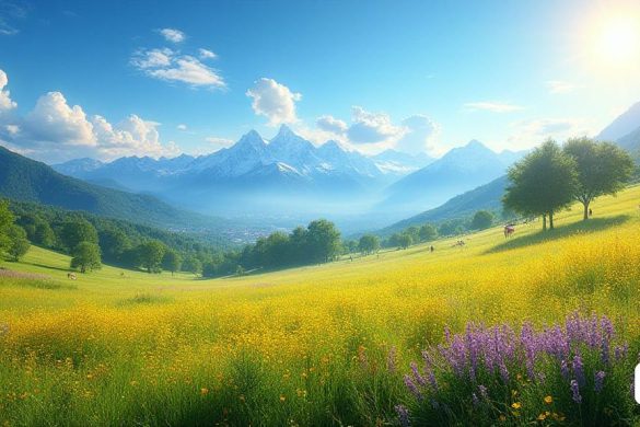 Una escena vibrante y dinámica que representa el clima cambiante en Catalunya a medida que la primavera pasa a principios del verano. En primer plano, un pintoresco paisaje muestra campos verdes exuberantes bajo un cielo azul brillante con tenues nubes de 'cirros'. El sol brilla intensamente, lanzando rayos dorados cálidos que iluminan los colores vibrantes de las flores silvestres florecientes en tonos de amarillo, púrpura y rosa. A lo lejos, las majestuosas montañas de 'Pirineos' se levantan, sus picos aún limitados con 'nieve', en contraste con el calor del valle de abajo. Una brisa suave se agita, lo que hace que la hierba alta se balancee suavemente. A la izquierda, los parches de 'niebla' permanecen en áreas bajas, insinuando el frío de la mañana que precede al calor. Arriba, algunas nubes de 'Cúmulo' comienzan a reunirse, insinuando la posibilidad de 'duchas' ligeras a medida que el clima pasa. La atmósfera está llena de una sensación de anticipación, ya que se espera que llegue el 'polvo sahariano', c