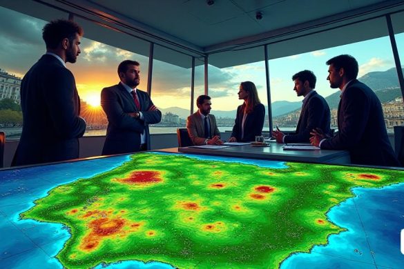 Una escena vibrante y dinámica que representa un pronóstico meteorológico para 'Setmana Santa' en Catalunya. El primer plano presenta un mapa meteorológico lleno de varios tonos de verde, lo que indica 'anomalías de precipitación' a través de la península y las islas Canarias. En el fondo, un grupo de meteorólogos interesados ​​se acurruca alrededor de una gran pantalla que muestra modelos meteorológicos, sus expresiones una mezcla de incertidumbre y determinación al analizar los patrones cambiantes de lluvia y viento. La habitación está llena de equipos de alta tecnología, incluidas pantallas de radar e imágenes satelitales, que ilustra la complejidad de la predicción del clima. Fuera de la ventana, las nubes oscuras se cierran siniestrados, insinuando la 'borrasca' que podría afectar a la región, mientras que un débil rayo de sol se rompe, simbolizando la esperanza de cielos más claros. La atmósfera está encargada de anticipación a medida que los expertos discuten el impacto potencial en las "procesiones" y