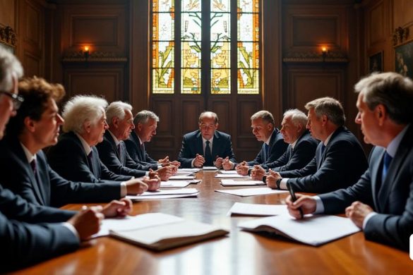 Una escena 'vibrante' y 'dinámica' se desarrolla dentro del 'Parlamento de Cataluña', donde representantes de varios grupos políticos, incluidos 'PSC', 'unidades por avançar', 'juntas', 'Esquerra republicana', 'Comuns' y 'Cup', se reúnen en una 'gran' cámara 'llena' de arquitectura histórica '. La habitación está adornada con decoraciones 'ornamentadas' y muebles de madera 'elegantes', reflejando el patrimonio cultural 'rico' de Cataluña. En primer plano, un grupo diverso de políticos "apasionados" se dedica a una acalorada discusión, sus expresiones una mezcla de determinación y preocupación al abordar los problemas apremiantes del "fascismo", el "racismo" y el "discurso de odio". Los documentos y los documentos están dispersos por la mesa de madera 'pulida', simbolizando la urgencia de su misión de crear una 'Comisión de Estudio'. Detrás de ellos, los vidrieros 'espectaculares' arrojan luz colorida en la habitación, iluminando los rostros de aquellos que están comprometidos a fomentar una sociedad 'inclusiv
