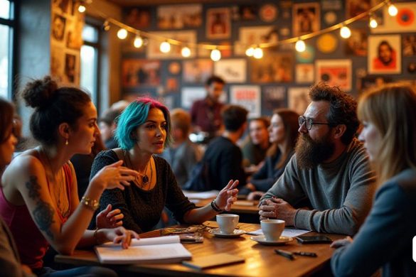 Una escena vibrante y ecléctica captura la esencia de una animada discusión musical. En primer plano, un grupo diverso de individuos, cada uno que representa diferentes facetas de la industria de la música, se dedican a una conversación animada. Una persona, una mujer joven con un cabello 'colorido' y tatuajes 'vibrantes', hace un gesto apasionadamente mientras discute el último álbum de los Tyets, su expresión una mezcla de entusiasmo y crítica. A su lado, un caballero mayor con una barba y anteojos 'bien arreglados' escuchan con atención, asintiendo de acuerdo mientras sostiene una taza de café 'humeante', el rico aroma flotando por el aire. El fondo está lleno de carteles de varios iconos 'musicales' y portadas de álbumes, creando un 'collage' de referencias culturales. Un pequeño 'escenario' en la esquina presenta una banda local que actúa, sus ritmos 'enérgicos' que resonan con la multitud, mientras que algunos asistentes balancean al ritmo. La atmósfera general es 'dinámica' y 'acogedora', con iluminaci