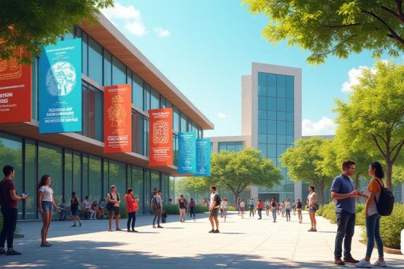 Una escena vibrante y moderna del 'campus universitario' que muestra la 'Universitat Rovira I Virgili'. El primer plano presenta un grupo diverso de 'estudiantes' comprometidos en discusiones, con algunos que sostienen 'computadoras portátiles' y 'cuadernos', que simbolizan la naturaleza 'digital' de los microcredenciales. En el fondo, el 'edificio universitario' se mantiene alto, con grandes ventanas de vidrio que reflejan la 'luz del sol', creando un ambiente acogedor. Las pancartas que promueven los 'microcredenciales' cuelgan de las paredes, destacando varios campos como 'economía', 'ingeniería', 'enología' y 'tecnología de la información'. Una pantalla digital muestra la 'fecha límite de aplicación', enfatizando la urgencia de la inscripción. El área circundante está llena de 'vegetación', proporcionando un refrescante contraste con la arquitectura moderna, mientras que los 'miembros de la facultad' pueden verse interactuando con los estudiantes, reforzando la conexión entre 'educación' y 'industria'.