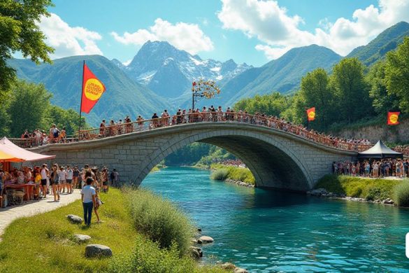 Una escena vibrante y pintoresca se desarrolla en el 'Pont Nou' en 'Camprodon', donde la emoción del festival 'Microclima' es palpable. El puente, una elegante estructura de piedra con tramos arqueados, está adornado con pancartas y banderas coloridas revoloteando en la suave brisa, cada una con el logotipo del festival. A continuación, las aguas cristalinas del río fluyen serenamente, reflejando la exuberante vegetación circundante de las montañas de 'Pirineos'. El aire está lleno de anticipación cuando una multitud diversa se reúne, sus rostros iluminados de alegría y curiosidad. Se ve a los artistas actuando en un escenario improvisado establecido en el puente, mostrando una variedad de estilos musicales que resuenan por el aire. La audiencia, una mezcla de lugareños y visitantes, disfruta del ambiente íntimo, algunos bailando mientras que otros se sientan en las orillas cubiertas de hierba, empapando en la belleza natural. El telón de fondo presenta las majestuosas montañas, sus picos espolvoreados con ni
