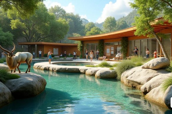 Una escena vibrante y serena que representa el 'Centro Natura' de la 'Fontcalda' en Gandesa, ubicada en exuberante vegetación. El primer plano presenta una sección meticulosamente recreada de los 'canaletes', un área de baño natural, con agua cristalina que fluye suavemente sobre piedras lisas, reflejando la luz solar. Alrededor del agua hay modelos realistas de especies protegidas nativas, incluida una majestuosa 'cabra ibérica' que se encuentra orgullosamente en un afloramiento rocoso y un altis 'águila de Bonelli' encaramada en una rama cercana, mostrando la rica biodiversidad del área. En el fondo, el diseño arquitectónico del 'Center Natura' combina armoniosamente con el medio ambiente, con estructuras de madera y grandes ventanas de vidrio que invitan a la luz natural en el interior. La escena está salpicada de exhibiciones educativas sobre la historia social y religiosa de la región, con signos informativos colocados estratégicamente entre la vegetación. Se puede ver a los visitantes caminando por send
