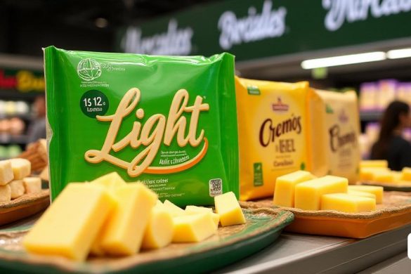Una exhibición vibrante y acogedora de paquetes de queso 'Light' y 'Cremós' en un supermercado Mercadona. El queso 'ligero', con su elegante y moderno embalaje, presenta una etiqueta verde brillante que establece claramente 'ligera' en letras audaces, enfatizando su contenido bajo en grasa. El paquete está perfectamente dispuesto, mostrando 12 piezas perfectamente en rodajas, cada una brillante ligeramente debajo de las luces brillantes de la tienda. Junto a él, el paquete de queso 'Cremós' cuenta con un color rico y cremoso con la palabra 'Cremós' que se muestra prominentemente en una fuente elegante, lo que sugiere su suave textura y su delicioso sabor. Ambos paquetes se colocan en un estante bien organizado, rodeado de otros productos lácteos, creando una sensación de abundancia y elección. El fondo presenta la familiar marca Mercadona, con los compradores navegando casualmente, agregando un ambiente animado a la escena. La imagen general transmite una sensación de calidad, asequibilidad y la emoción de la