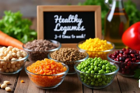 Una exhibición vibrante y colorida de 'legumbres' organizada artísticamente en una mesa rústica de madera. La escena presenta una variedad de legumbres que incluyen 'garbanzos', 'lentejas', 'frijoles', 'guisantes' y 'soja', cada uno en tazones de vidrio transparente separados para mostrar sus texturas y colores únicos. Los 'garbanzos' son un beige cálido, las 'lentejas' son una mezcla de verde y marrón, mientras que los 'frijoles' exhiben rojos profundos y negros. Alrededor de los tazones hay 'verduras' frescas como 'zanahorias' y 'pimientos', agregando un toque de color. En el fondo, una botella de 'aceite de oliva' brilla bajo una luz natural suave, insinuando los métodos de preparación saludables. Un pequeño letrero de pizarra dice 'Legumbres saludables: ¡3-4 veces a la semana!' En el elegante guión blanco, enfatizando la importancia de las legumbres en una dieta equilibrada. La atmósfera general es invitada y promueve una sensación de salud y bienestar.