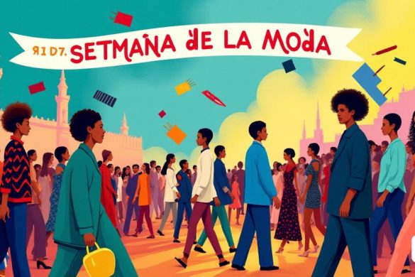 Una ilustración vibrante y colorida que representa el 'Setmana de la Moda' en Alcoi, creada por el artista local 'Beca Jover'. La imagen está llena de tonos animados de 'azul', 'rojo', 'amarillo' y 'verde', simbolizando la creatividad y la moda. En primer plano, un grupo diverso de 'modelos' muestra una variedad de 'diseños de moda', desde 'patrones textiles' tradicionales 'hasta modernos' estilos de vanguardia '. El telón de fondo presenta puntos de referencia icónicos de Alcoi, que se mezclan sutilmente en la escena, enfatizando la rica 'tradición textil' de la ciudad. Flotando por encima de los modelos hay representaciones artísticas de 'herramientas de coser' y 'muestras de telas', que ilustran el tema de 'sostenibilidad' e 'innovación' en la moda. La atmósfera general es dinámica y acogedora, capturando la esencia de un 'ecosistema' creativo donde 'talentos emergentes' y diseñadores establecidos se unen, con una pancarta que muestra las fechas '19 -23 de Maig 'que aparecen prominentemente en la parte sup