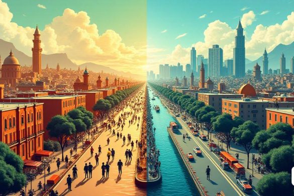 Una imagen dividida vibrante y dinámica que representa la evolución contrastante de 'Barcelona' y 'Madrid' durante el siglo pasado. A la izquierda, 'Barcelona' se ilustra en la década de 1920, mostrando un bullicioso paisaje urbano lleno de arquitectura 'Art Deco', fábricas de textiles y calles ocupadas repletas de personas. La escena está viva con actividades culturales, que refleja el estatus de la ciudad como un centro europeo moderno, con 'sindicatos de trabajadores' y 'movimientos culturales' representados por grupos de personas que participan en discusiones y actuaciones. El cielo está claro, simbolizando el crecimiento optimista de la ciudad durante la Exposición Internacional de 1929. A la derecha, 'Madrid' se retrata en la actualidad, caracterizado por altos rascacielos, distritos financieros modernos e infraestructura avanzada. La ciudad está llena de vida, con una población diversa, destacando su papel como centro político y económico. La imagen contrasta la importancia histórica de 'Barcelona' con