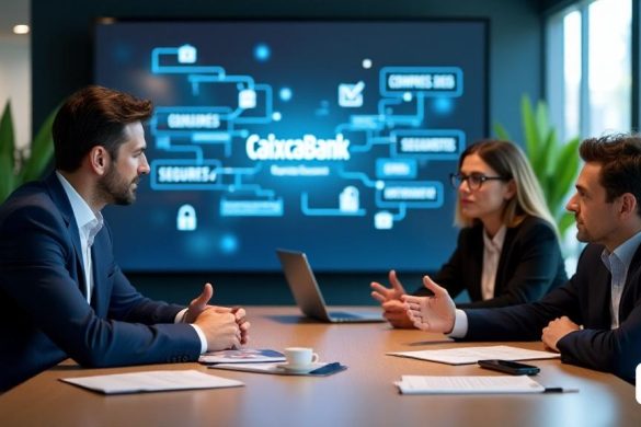 Una imagen visualmente llamativa que representa un ambiente de oficina moderno y elegante de 'Caixabank'. El primer plano presenta un representante de banco seguro, vestido con un traje marina afilado con un sutil logotipo de 'Caixabank' en la solapa, sentado en un escritorio de madera pulido. El representante se dedica a una conversación con un grupo diverso de clientes, que parecen atentos y preocupados. Los clientes, una mujer de mediana edad con 'gafas' y un joven con una 'computadora portátil', están discutiendo la seguridad en línea. Detrás de ellos, una gran pantalla digital muestra frases clave como 'Compres Segures' y 'Seguretat', rodeadas de íconos que representan la seguridad digital como 'Locks', 'Firewalls' y 'Software antivirus'. La oficina es brillante y aireada, con grandes ventanas que dejan una luz natural, y las plantas verdes que agregan un toque de frescura. En el escritorio, los folletos con consejos para compras en línea seguras están perfectamente organizados, y un 'teléfono inteligent