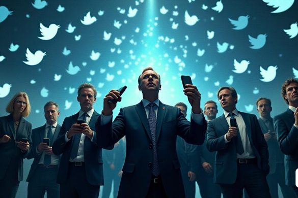 Una imagen visualmente llamativa que representa un 'panorama digital' lleno de 'íconos de redes sociales' que representan varias plataformas como Twitter, ahora conocidas como X, y una multitud de 'tweets' girando de manera caótica. En primer plano, un grupo de 'líderes políticos' de la 'extrema derecha' se destaca con confianza, sus expresiones una combinación de determinación y desafío, ya que tienen teléfonos inteligentes que muestran mensajes de 'desinformación'. Detrás de ellos, un telón de fondo de 'gráficos de datos' y 'gráficos' ilustra los hallazgos del estudio de la 'Universidad de Amsterdam', destacando la 'difusión de la información errónea' y su impacto en las 'democracias'. La atmósfera se encarga de un sentido de urgencia, ya que la imagen captura la "interacción entre el populismo y la información errónea", con sombras de "políticos tradicionales" y "líderes de extrema izquierda" sutilmente presente, contrasta la presencia dominante de la derecha. La paleta de colores es una mezcla de tonos os