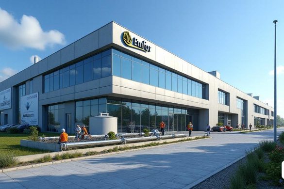 Una moderna instalación industrial ubicada en el 'Polígon Industrial Les Comes d’Igualada', que muestra un edificio elegante y contemporáneo con grandes ventanas de vidrio que refleja el cielo azul. El exterior presenta una combinación de superficies 'metálicas' y 'concretas', simbolizando el compromiso de la compañía con la 'innovación' y la 'calidad' en el tratamiento del agua. En primer plano, se puede ver una variedad de 'tanques' y 'tuberías', que representan procesos avanzados de tratamiento de agua. Los trabajadores en el 'equipo de protección' participan activamente en el monitoreo y el mantenimiento de los sistemas, ilustrando la dedicación de la compañía a la 'seguridad' y la 'eficiencia'. La escena se complementa con la vegetación alrededor de la instalación, enfatizando la importancia de la "sostenibilidad ambiental". Un gran letrero muestra el nombre de la compañía, 'Eminfor', prominentemente, mientras que las pancartas destacan sus productos especializados como 'Dioxpure' y 'Aquicide'. La atmósf