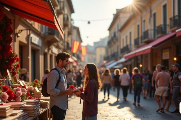 Una vibrante 'calle catalán' llena de actividad, adornada con coloridas 'rosas' y 'libros' que se exhiben en puestos de madera. El ambiente está lleno de un sentido de 'celebración' a medida que las personas de todas las edades navegan a través de los 'tesoros literarios' disponibles para 'Sant Jordi'. En primer plano, una joven pareja intercambia una 'rosa' y un libro, sus caras se iluminan con alegría. Cerca, un grupo de niños escucha ansiosamente a un narrador, cautivado por Tales of 'Adventure' y 'Fantasy'. El telón de fondo presenta una "arquitectura catalana" histórica, con banderas que revolotean en la suave brisa, simbolizando el rico patrimonio cultural de la región. The Sun lanza un cálido brillo sobre la escena, mejorando el estado de ánimo festivo de este día especial dedicado a la 'literatura' y el 'amor'.