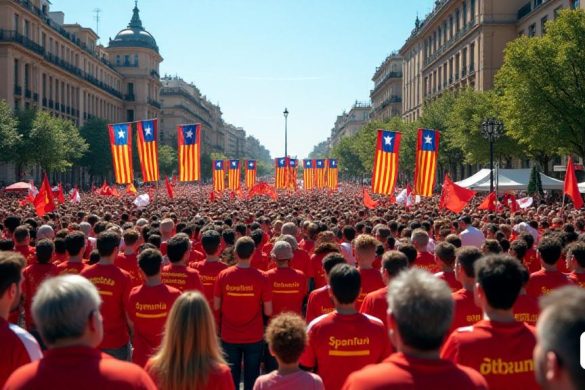 Una vibrante concentración política en Catalunya, que muestra a una multitud diversa de seguidores tanto de 'Dreta Espanyolista' como de 'Dreta Catalanista'. La escena está llena de pancartas coloridas que muestran la bandera 'Espanyolista' junto con la bandera 'catalán', simbolizando las identidades duales presentes. Las personas entusiastas, con 'camisetas' estampadas con consignas que abogan por 'Unitat d'Spanya' y 'AutoGovern', participan en discusiones animadas. En el fondo, se establece un escenario con oradores que se dirigen a la multitud, enfatizando temas de 'Ordre', 'Estabilitat' y 'Reactivació Econòmica'. La atmósfera está cargada de energía, ya que los seguidores tienen pancartas que leen 'Catalunya fortaleza Econòmicament' y 'Catalunya Integrada a Espanya', reflejando el complejo panorama político. El escenario es una bulliciosa plaza urbana en Barcelona, ​​rodeada de arquitectura histórica, con un cielo azul claro en lo alto, simbolizando la esperanza y el futuro de la identidad política de Cat