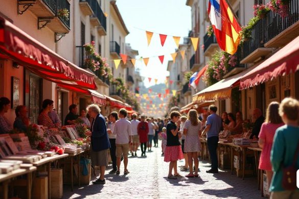 Una vibrante escena callejera en Sitges durante la celebración de Sant Jordi, que muestra un ambiente animado lleno de coloridos puestos adornados con 'rosas' y 'libros'. Las calles adoquinadas están llenas de personas de todas las edades, algunas que llevan 'rosas' en sus manos, mientras que otras navegan a través de las diversas ofrendas 'literarias' que se muestran en las mesas de madera. En el fondo, las banderas tradicionales 'catalán' revolotean en la suave brisa, agregando un toque festivo a la escena. El sol lanza un cálido brillo sobre la celebración, iluminando las caras alegres de las familias y los amigos se reunió para participar en las festividades. Cerca, un grupo de niños vestidos con 'atuendos tradicionales canta' caramelas ', sus voces se armonizan maravillosamente, mientras que las generaciones mayores miran con orgullo. La arquitectura histórica de Sitges enmarca la escena, con sus encantadores edificios encalados y coloridos 'balcones' adornados con flores, evocando una sensación de nosta