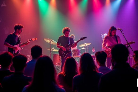 Una vibrante escena de conciertos ambientada en un lugar con poca luz, donde tres jóvenes músicos están actuando apasionadamente en el escenario. El guitarrista, Santi Careta, está a la vanguardia, sus dedos bailan hábilmente sobre los cuerdas de su guitarra eléctrica, creando una fusión de sonidos 'jazz-rock' y 'funk'. A su lado, Arecio Smith está sumergido en tocar los teclados, rodeado de una variedad de sintetizadores coloridos que emiten un brillo cálido, que reflejan los elementos 'electrónicos' de su música. En la parte posterior, Santi Serratosa toca enérgicamente la batería, sus movimientos se desenfganan mientras mantiene vivo el ritmo, encarnando el 'ritmo' y el 'alma' de la actuación. La audiencia, una mezcla diversa de entusiastas del jazz y oyentes casuales, está cautivada, algunas de pie y balanceándose a los ritmos infecciosos, mientras que otros están sentados, sus caras iluminadas con emoción. El ambiente es eléctrico, lleno de una 'energía' que invita a todos a 'bailar' y 'celebrar' la músi