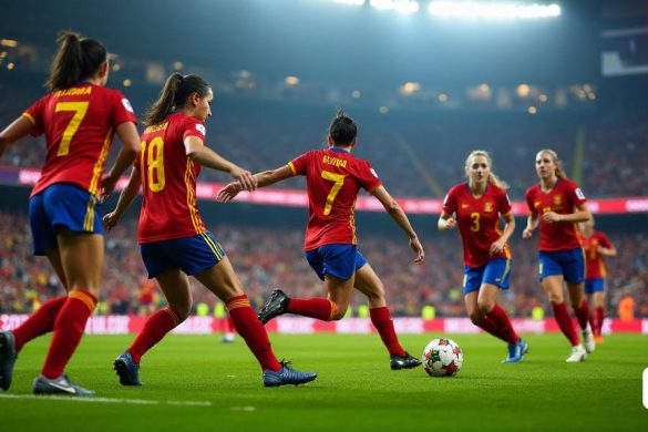 Una vibrante escena del estadio en Balaídos, llena de apasionados fanáticos que agitan 'banderas españolas' y usan camisetas 'rojos y amarillos', mostrando su apoyo al equipo nacional. La atmósfera es eléctrica, con confeti lloviendo mientras la multitud estalla en vítores. En el campo, el equipo de fútbol femenino español está en acción, mostrando una habilidad increíble y trabajo en equipo. Aitana Bonmatí, con su 'expresión determinada', es capturada a mitad de tiro, golpeando la pelota maravillosamente desde fuera del área, mientras que Alexia Putellas, con el brazalete del capitán, orquesta la obra con gracia y precisión. Los jugadores están rodeados de sus compañeros de equipo, todos vistiendo los icónicos colores del 'FC Barcelona', simbolizando su historia compartida. En el fondo, el marcador brilla intensamente, reflejando un puntaje de '7-1', mientras que los jugadores portugueses parecen desanimados. La imagen encapsula la esencia de la victoria, la camaradería y la emoción de los deportes competiti