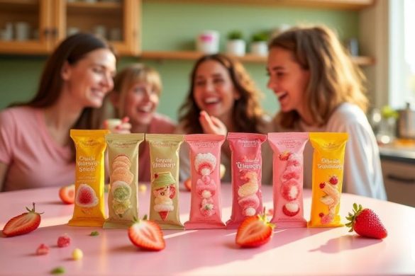 Una vibrante exhibición de coloridos tubos 'dulces' llenos de 'crema' y 'Strawberry' se sienta incentivamente en una mesa brillante y alegre. Cada tubo está envuelto en un embalaje brillante y llamativo que presenta ilustraciones lúdicas que recuerdan a la infancia, evocando una sensación de nostalgia. Los colores vívidos del embalaje (pinchazos, amarillos y verduras) Pop contra el fondo suave y pastel. Explotados por los tubos son pequeñas y juguetones rodajas y cucharadas de 'crema', enfatizando el delicioso relleno interior. En el fondo, es visible una acogedora configuración de cocina, con gabinetes de madera cálidos y una ventana soleada que deja entrar una luz suave y natural, creando una atmósfera acogedora. Un precio que lee '1.75 euros' se muestra prominentemente junto al producto, destacando su asequibilidad. La escena se completa con algunos amigos riendo y disfrutando de las 'golosinas', capturando la alegría y la simplicidad de compartir dulces momentos juntos.