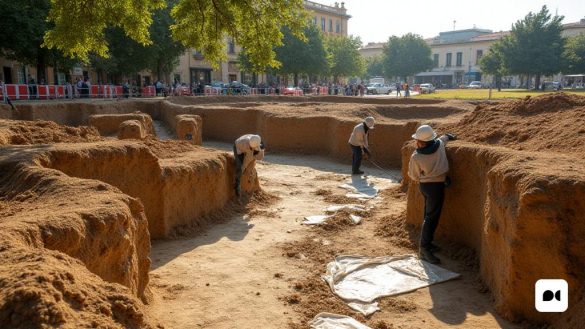 Una vista detallada del sitio arqueológico en la 'Casa del Pogrom' en Lleida, que muestra los continuos esfuerzos de 'excavación' y 'limpieza'. El primer plano presenta a los trabajadores en el 'equipo de protección' que eliminan cuidadosamente las capas de 'geotextil' y 'suelo' del sitio, revelando antiguos 'muros de piedra' y 'cimientos' que insinúan la importancia histórica del área. En el fondo, se pueden ver los restos de las 'estructuras medievales', parcialmente oscurecidas por la tierra, pero sugiriendo una rica historia que espera ser descubiertas. La 'luz solar' arroja un brillo cálido sobre la escena, iluminando las 'herramientas' y el 'equipo' utilizados en el proceso de excavación. Cerca, una junta de 'señalización' proporciona información sobre el contexto histórico de la 'Lleida Call de Lleida', mientras que las 'barreras de construcción' delinean el área de trabajo. La atmósfera es de anticipación y reverencia, ya que el pasado está siendo revelado meticulosamente capa por capa, con el parque