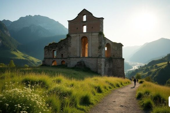 Una vista impresionante de la 'Monestir de Sant Pere del Burgal' ubicada en la pintoresca región de 'palares sobres. El antiguo monasterio, que muestra la 'arquitectura románica', presenta tres 'Naves' distintos coronados por tres APSE 'estilo lombard', cada uno adornado con intrincadas tallas de piedra. El primer plano captura un exuberante paisaje verde salpicado de flores silvestres, lo que lleva a un "camino" bien marcado que invita a los visitantes a embarcarse en una caminata de 25 minutos al sitio. En el fondo, la iglesia parcialmente arruinada es alta, con restos de la 'Nave del Norte' visible junto con la 'Nave del Sur', que revela rastros de dos puertas antiguas que conducen a cuartos monásticos. Sobre el ábside central, se pueden imaginar 'pinturas murales' vibrantes, que representa la figura legendaria de 'condesa llúcia de palalar', agregando un toque de importancia histórica. La escena está bañada a la luz suave del amanecer, lanzando sombras suaves que mejoran las texturas de los muros de piedr
