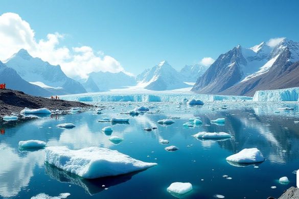 Una vista panorámica de 'Groenlandia', que muestra su paisaje dramático y accidentado. El primer plano presenta una vasta extensión de 'icebergs' flotando en un mar azul 'claramente claro', que refleja la luz del sol en una deslumbrante variedad de colores. En el fondo, los imponentes 'glaciares' se elevan majestuosamente, sus superficies heladas brillan bajo el brillante 'sol ártico'. El cielo es un tono brillante de 'azul', salpicado de 'nubes blancas' esponjosas que se desplazan perezosamente. A la izquierda, se puede ver una pequeña 'estación de investigación', con algunos científicos en 'chaquetas de colores brillantes' examinando muestras, enfatizando la presencia humana en este desierto remoto. La atmósfera general transmite tanto la belleza como la dureza de esta 'ubicación estratégica', insinuando su importancia en la geopolítica y el comercio global.