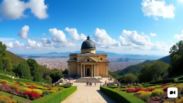 Una vista panorámica de la 'Observatori Fabra', ubicada en la 'Serra de Collserola', que muestra su arquitectura histórica. El edificio, con su elegante diseño 'neoclásico', presenta una cúpula prominente que alberga el telescopio, rodeado de exuberante vegetación y el terreno escarpado de la montaña 'Tibidabo'. En primer plano, un jardín bien mantenido con 'flores' vibrantes y setos cuidadosamente recortados conduce a la entrada, donde se puede ver a los visitantes participando en visitas guiadas. El cielo de arriba es un azul brillante, salpicado de 'nubes blancas' esponjosas, que simboliza el enfoque del observatorio en la 'meteorología'. En el fondo, la ciudad de 'Barcelona' se extiende, con su icónico horizonte visible, mientras que el Observatorio es un testimonio de más de un siglo de investigación científica en 'astronomía', 'meteorología' y 'sismología'. La imagen captura la esencia de un lugar donde la historia y la ciencia convergen, invitando a la curiosidad y la exploración.