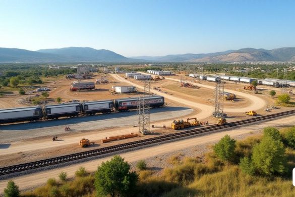 Una vista panorámica de un vasto 'Parque Industrial' en construcción, ubicado entre las pintorescas ciudades de 'Montblanc' y 'L’Spluga de Francolí'. La escena captura '110 hectáreas' de tierra, con maquinaria pesada y equipos de construcción que trabajan activamente en el sitio. En primer plano, se está desarrollando una gran 'terminal ferroviaria', que muestra una infraestructura moderna diseñada para alta capacidad. Alrededor de la terminal, se preparan claras demarcaciones de tierra para futuras empresas de "alto valor", particularmente en los sectores de "tecnología" y "centro de datos". El paisaje está salpicado de parches verdes, lo que indica áreas que seguirán siendo 'sostenibles' y 'ecológicas'. En el fondo, las colinas de Cataluña proporcionan un telón de fondo pintoresco, enfatizando la ubicación estratégica del sitio, que se encuentra a mitad de camino entre el "interior de Cataluña" y la "costa". Un grupo de personas, incluido 'Rafael Peris', el Director General de Ponentia, se ve relacionados c