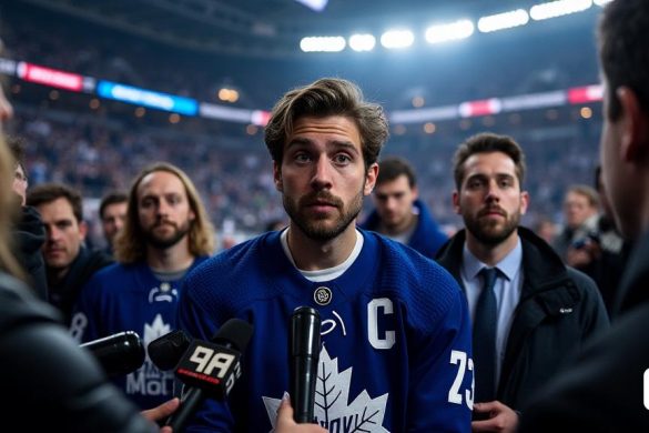 A raíz de una trituradora pérdida de playoffs de 6-1, Chris Tanev se encuentra ante un clúster de cámaras, su expresión una mezcla de 'shock' y 'decepción'. Sus 'ojos anchos' reflejan el peso del momento, mientras lucha por articular la actuación 'vergonzosa' del equipo. El telón de fondo está lleno del 'escotiabank arena', donde la atmósfera está llena de 'descontento' y 'frustración'. Los fanáticos, una vez llenos de 'esperanza', ahora expresan su disgusto, con 'Jerseys' arrojados al hielo, un marcado símbolo de su 'decepción'. Los 'abucheos' de la multitud resuenan en el aire, creando una tensión palpable. La postura de Tanev está ligeramente encorvada, lo que indica la carga de responsabilidad que siente, como admite, "necesito ser mejor". La escena captura la esencia de un equipo en una encrucijada, con jugadores como Auston Matthews y Mitch Marner también visible, sus rostros grabados con 'determinación' para reagruparse para el próximo juego. La iluminación es tenue, lanzando sombras que mejoran el est