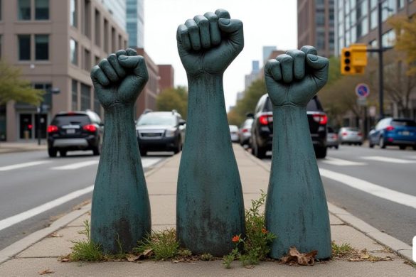 Cuando vea las estatuas desgastadas de los puños elevados, sabrá que está allí. La esquina donde un oficial de policía de Minneapolis mató a George Floyd hace casi cinco años es hasta el día de hoy un sitio de protesta y un monumento. Pero cómo vivirá en la historia sigue sin resolver. ¿Cuál es el futuro de George Floyd Square? La intersección de 38th Street East y Chicago Avenue en Minneapolis fue alterada para siempre el día en que un oficial de policía se arrodilló sobre el cuello de George Floyd hace cinco años, matándolo. El asesinato condujo a una obra maestra (8k, mejor calidad, muy detallada: 1.1)