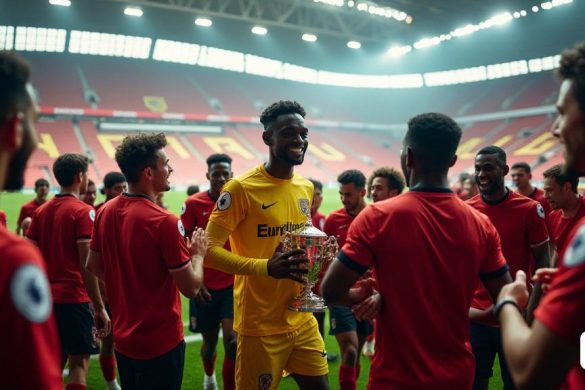 Dentro del vibrante y bullicioso 'Wembley Stadium', la atmósfera es eléctrica ya que los jugadores victoriosos 'Sunderland' disfrutan de su gloria ganada con tanto esfuerzo. La escena está llena de jugadores jubilosos, sus caras brillan con 'felicidad' y 'emoción', mientras caminan de un lado a otro, dándose la mano y palidándose en la espalda en celebración. 'Eliezer Mayenda', agarrando el 'Trofeo de los ganadores de play-off' con fuerza, parece que está sosteniendo una reliquia sagrada, mientras que 'Trai Hume' avanza con confianza, un gigante 'beatbox' explosando 'oasis' Wonderwall 'en el fondo. 'Luke O’Nien', a pesar de su brazo en una 'honda' y bajo los efectos de la 'morfina', permanece en su kit, encarnando el espíritu de resistencia a medida que el reloj se acerca a las 7:45 pm. El 'vestuario' está vivo con risas y camaradería, ya que 'Anthony Patterson', el portero, recuerda su salvamento crucial de 'Kieffer Moore', su expresión inexpresiva que contrasta con la animada atmósfera. La sala está llena d