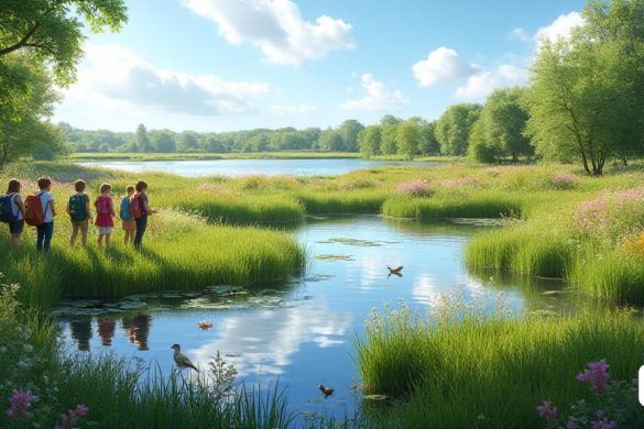 El London Wetland Center, un exuberante 'oasis' en el corazón de Barnes, muestra un impresionante paisaje repleto de vida. La escena es vibrante con 'piscinas poco profundas' que refleja el cielo azul, rodeado de densos parches de 'cañas' balanceándose suavemente en la brisa. Una variedad de 'pájaros', incluidos buntas de láminas y tapas negras, flitan entre las cañas, su colorido plumaje agregando salpicaduras de color contra el telón de fondo verde. Cerca, un grupo de 'niños escolares' con mochilas brillantes se guía por un educador entusiasta, sus rostros llenos de asombro mientras observan una 'libélula' que se cierne cerca. El aire está vivo con la 'cacofonía' de las canciones de pájaros y el suave susurro de las hojas, creando una sinfonía de la naturaleza. En la distancia, el icónico 'Támesis' brilla bajo el sol, sirviendo como un corredor vital para las aves migratorias. Los parches de prados de flores silvestres estallaron con color, atrayendo 'insectos' de los que se lanzan, mientras que 'tope de ag